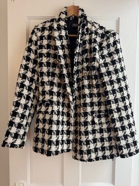 Zara Black and White Tweed Double-Breasted Blazer